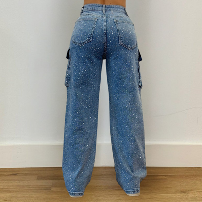 Damen Weite Bein Cargo Jeans Hoch Tailliert Lässig Reißverschluss Taschen