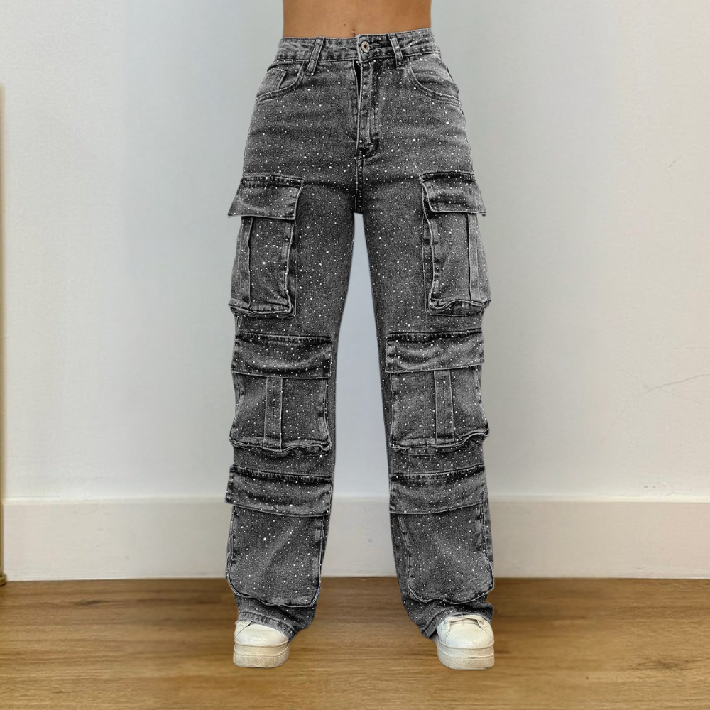Damen Weite Bein Cargo Jeans Hoch Tailliert Lässig Reißverschluss Taschen