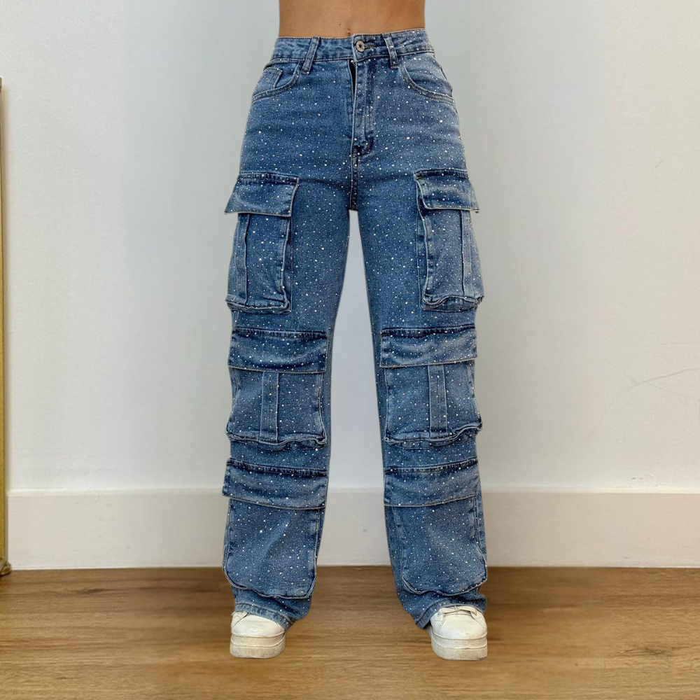 Damen Weite Bein Cargo Jeans Hoch Tailliert Lässig Reißverschluss Taschen