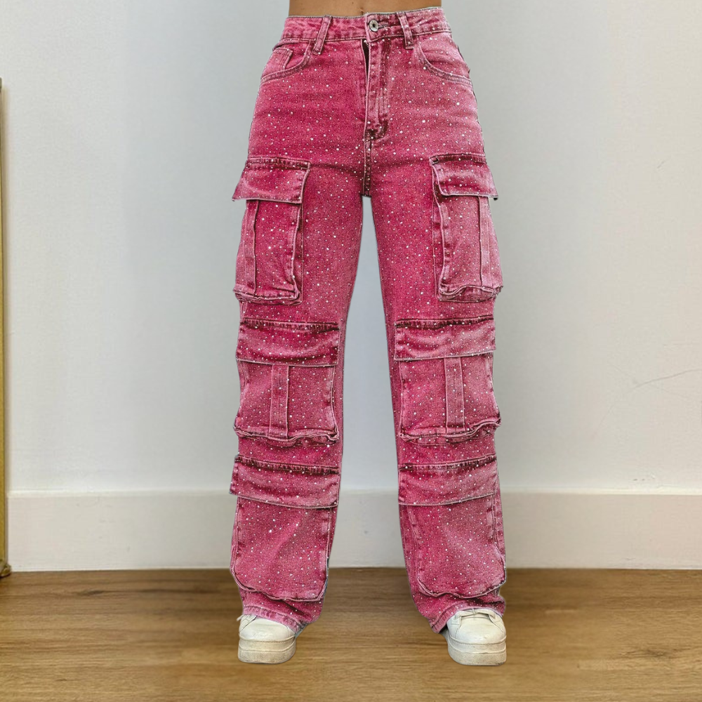 Damen Weite Bein Cargo Jeans Hoch Tailliert Lässig Reißverschluss Taschen