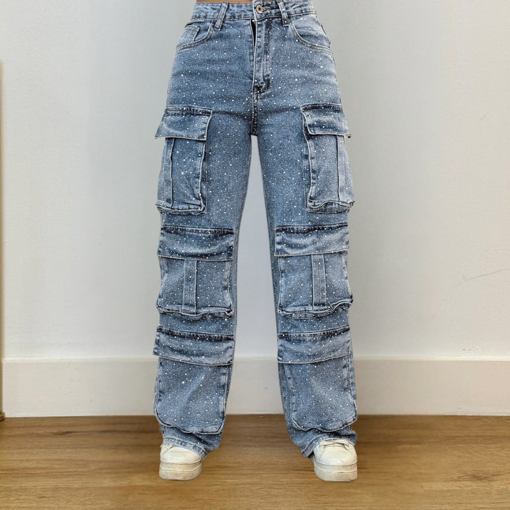 Damen Weite Bein Cargo Jeans Hoch Tailliert Lässig Reißverschluss Taschen