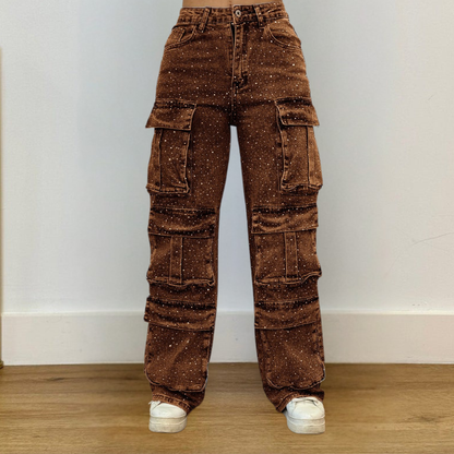 Damen Weite Bein Cargo Jeans Hoch Tailliert Lässig Reißverschluss Taschen