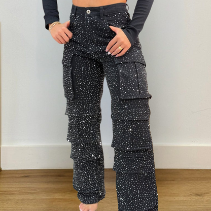 Damen Weite Bein Cargo Jeans Hoch Tailliert Lässig Reißverschluss Taschen