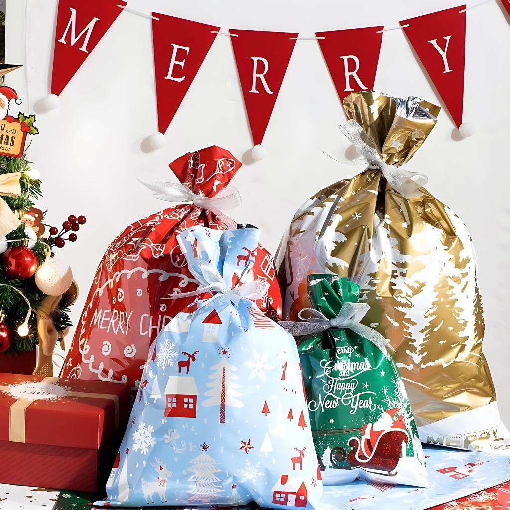 Christmas Gift Bags Foil Reusable Wrapping Bags Holiday Set