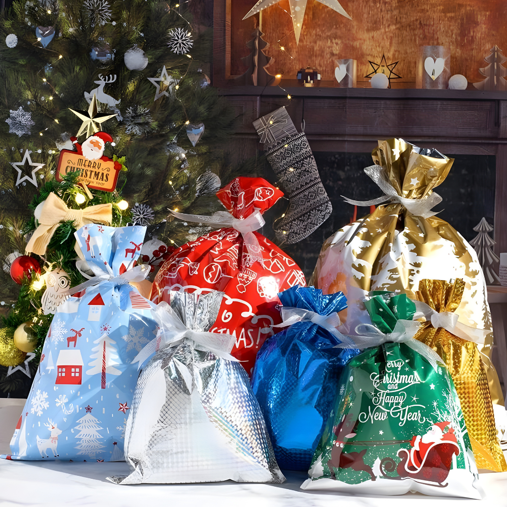 Christmas Gift Bags Foil Reusable Wrapping Bags Holiday Set