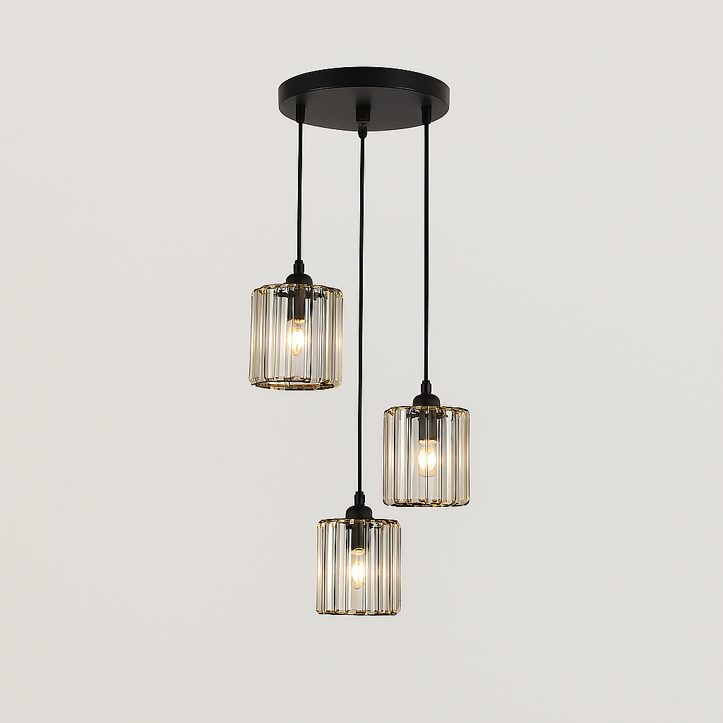 Lámpara colgante de vidrio moderna – redonda y rectangular (luminaria negra mate de 3 luces)