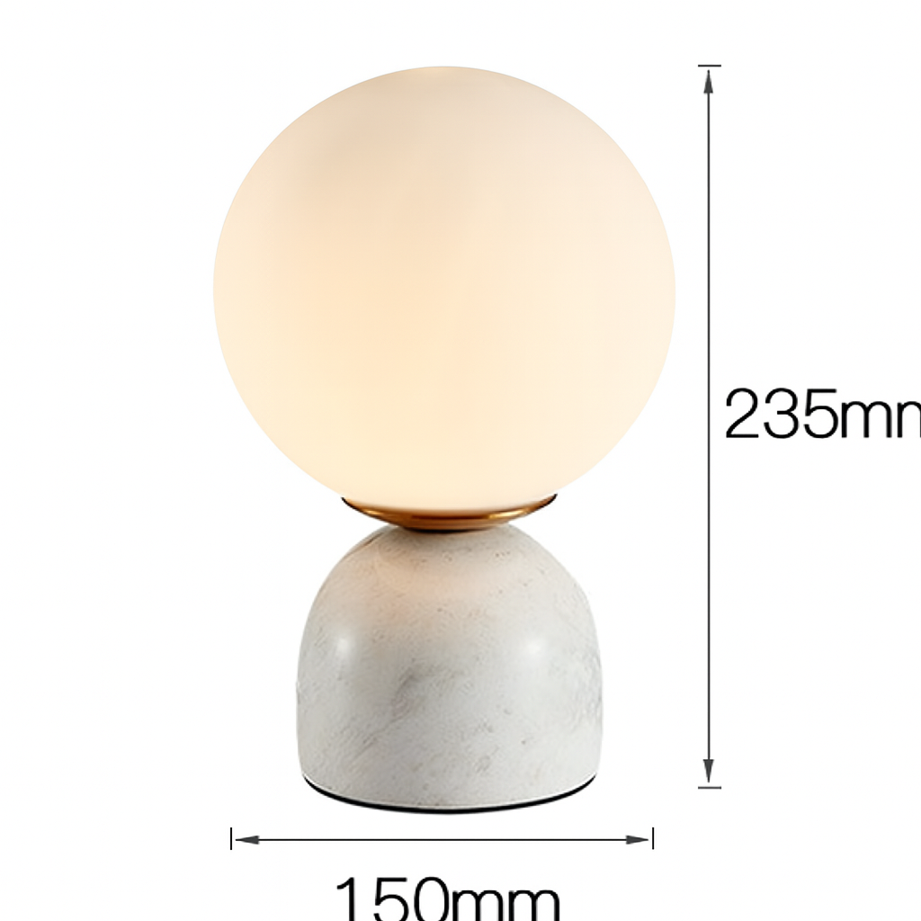 Lámpara de mesa con globo de vidrio y base de piedra