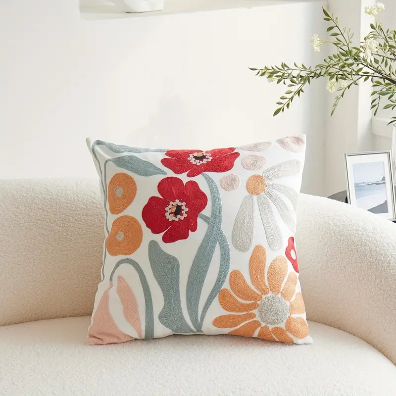 Floral Embroidered Cotton Cushion Cover