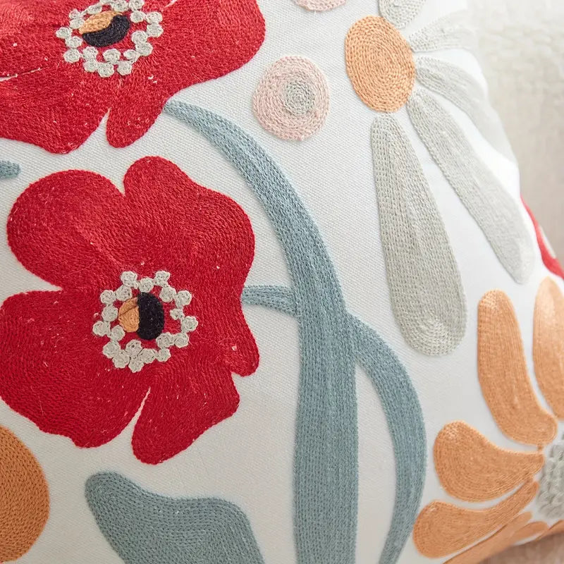 Floral Embroidered Cotton Cushion Cover