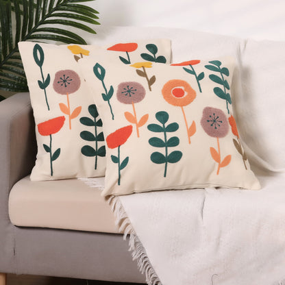 Housse de coussin en coton brodée de fleurs