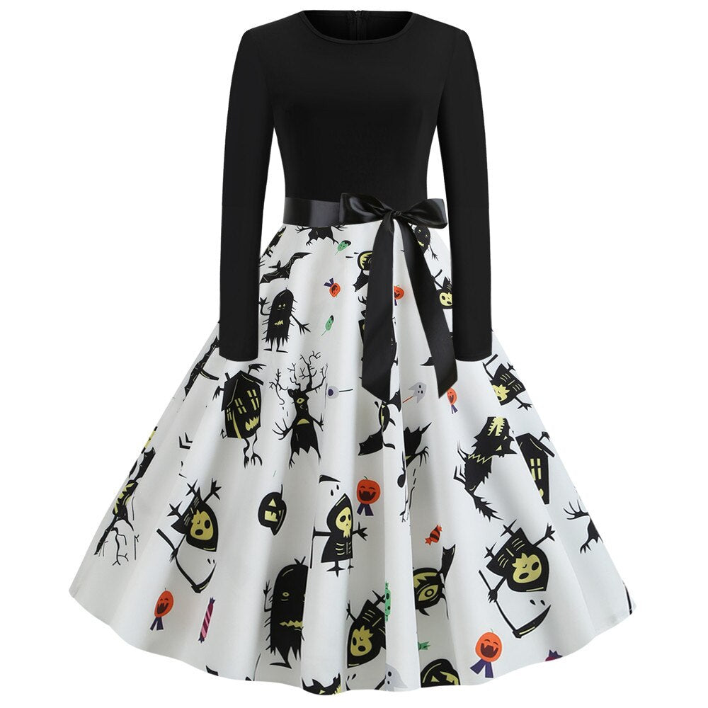 Vestido de fiesta de Halloween de manga larga estilo caricatura gótica | Midi