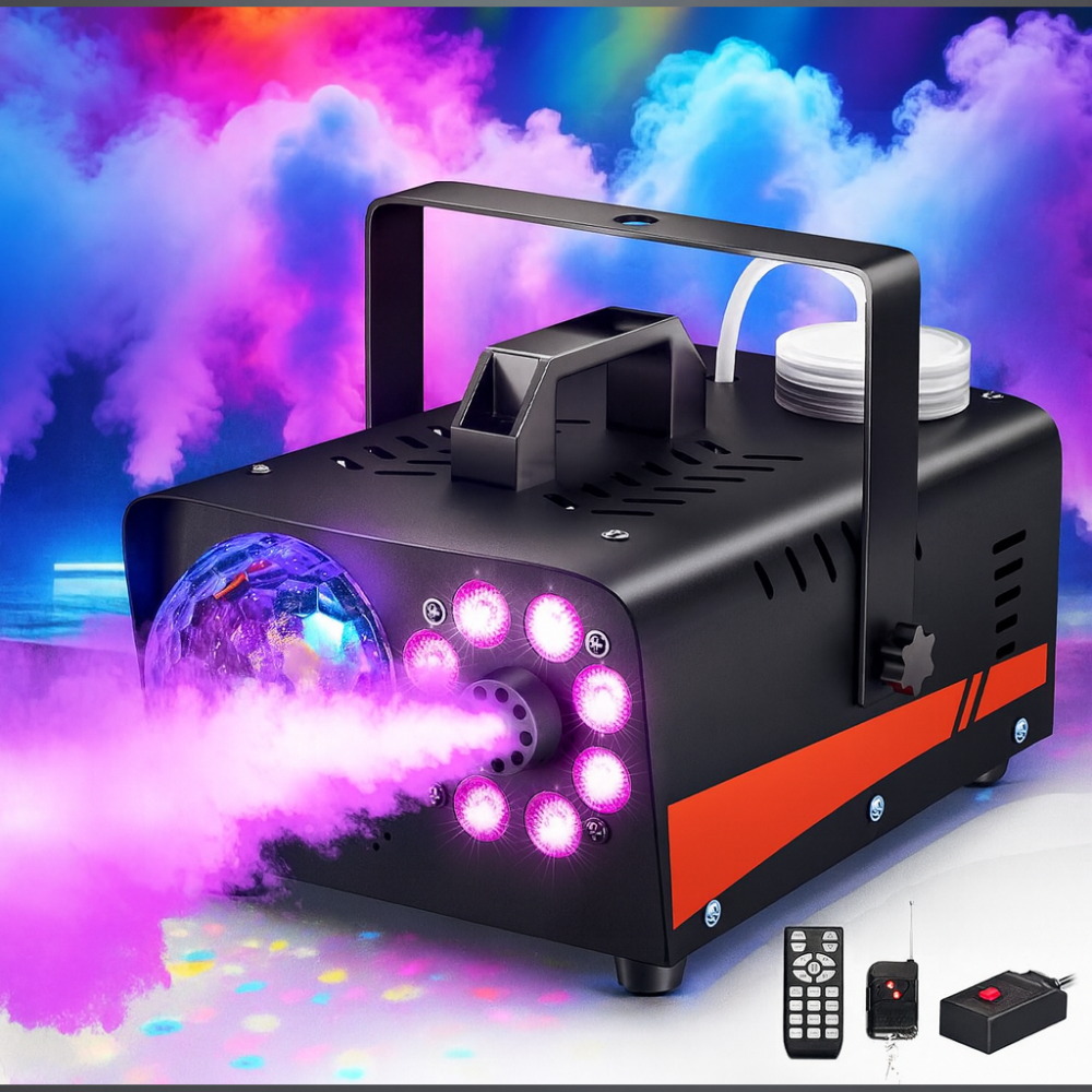 Machine à brouillard Halloween 1200W Métal RGB Boule disco Télécommande 6000 CFM