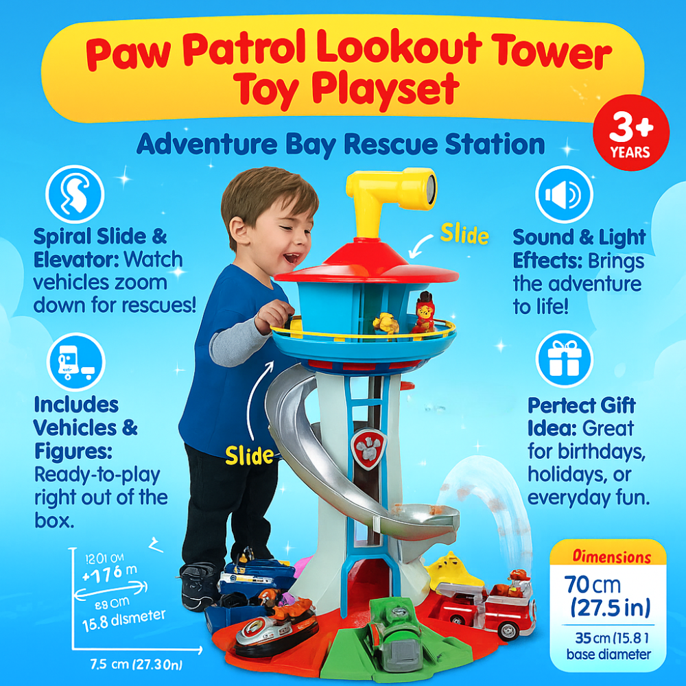 Lookout Tower Playset with Slide Car Ramp and Race Track Toy