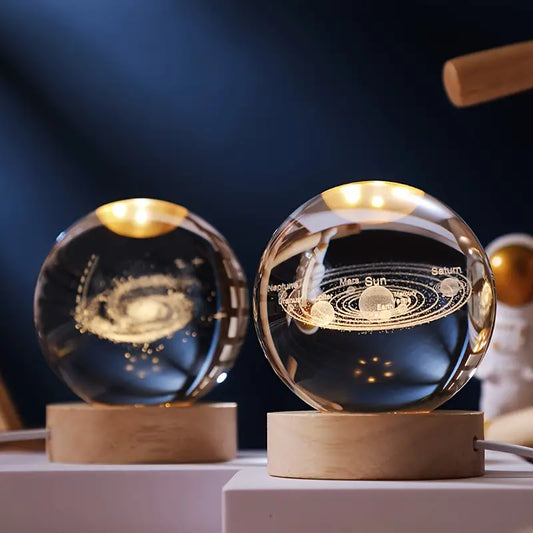 Lámpara de Bola de Cristal con Base de Madera
