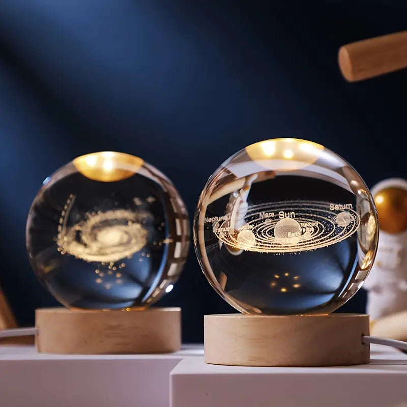 Lámpara de Bola de Cristal con Base de Madera