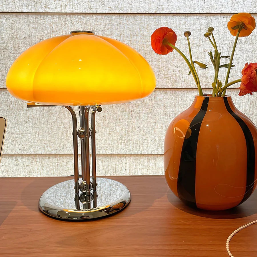 Table Lamp with Amber Glass Dome Shade