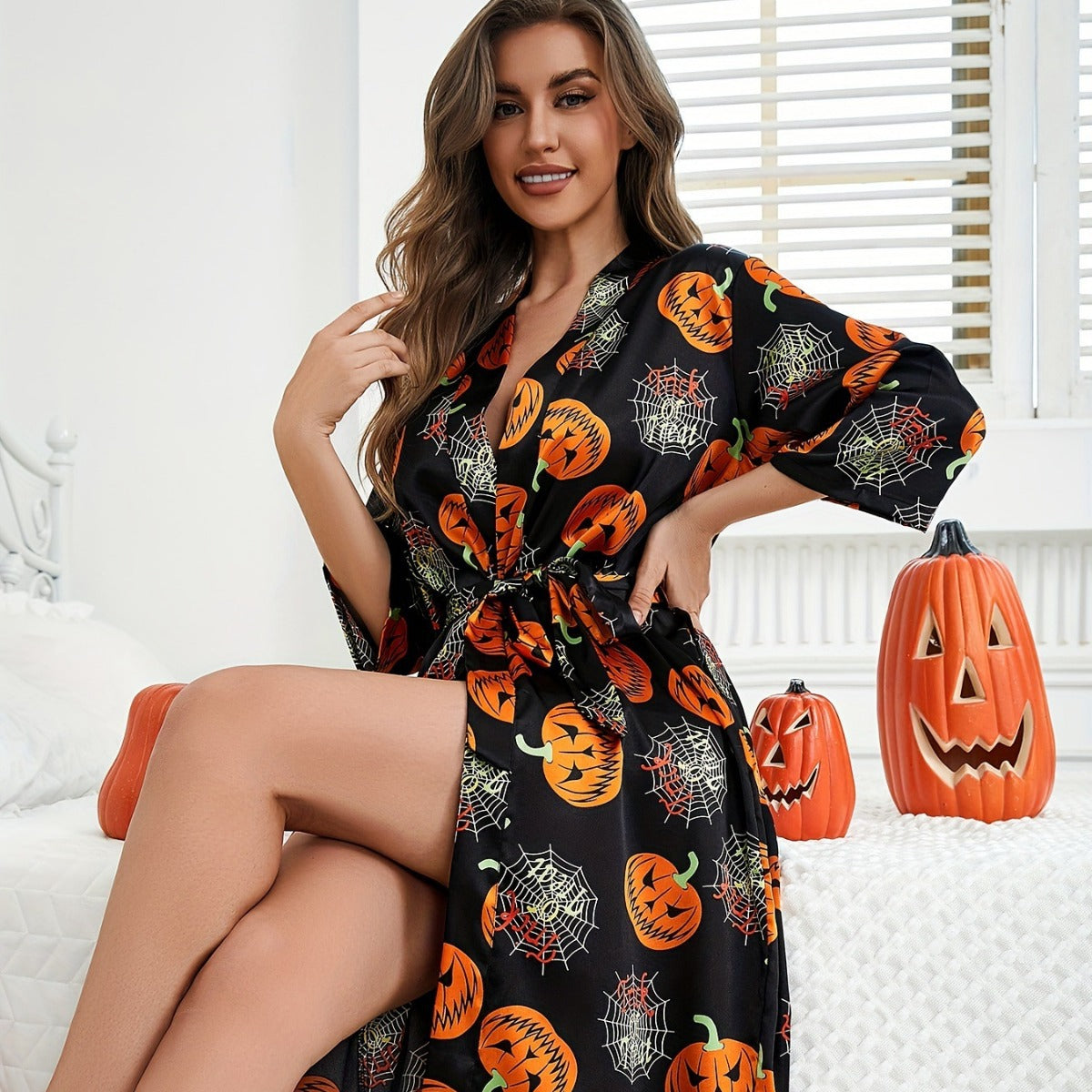 Costume da donna in raso per Halloween con cintura e stampa zucca