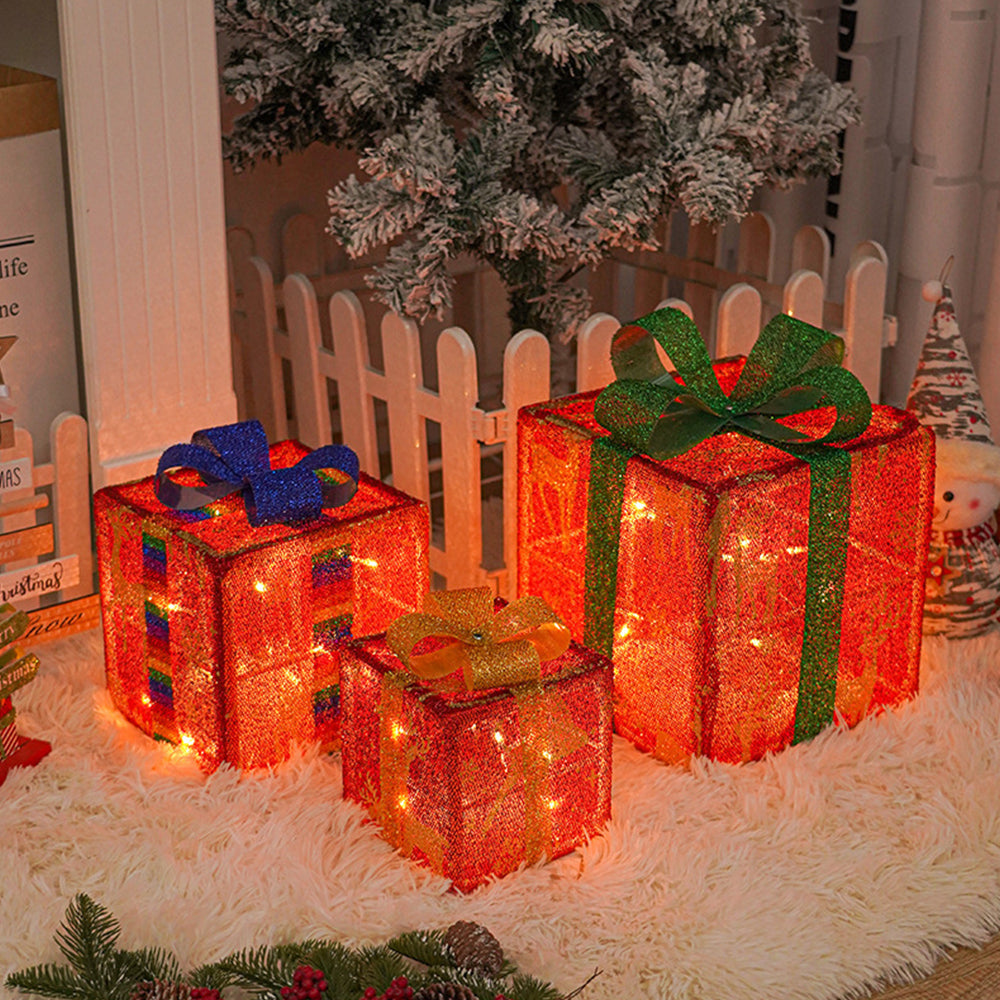 Set of 3 Stylish LED Christmas Light-Up Gift Box Ornaments for Festive Home Decoration