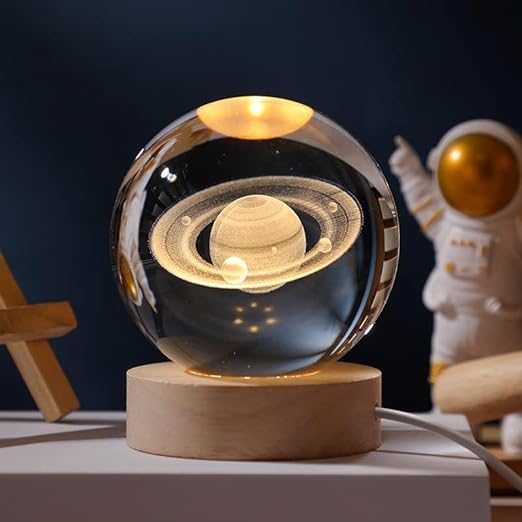 Lámpara de Bola de Cristal con Base de Madera