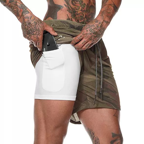 Pantalones cortos de gimnasio con bolsillo para teléfono y forro