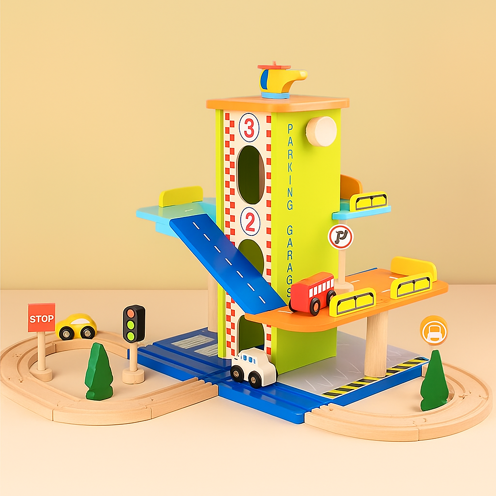 Toy Cars Wooden Parking Garage Playset Ramp Track