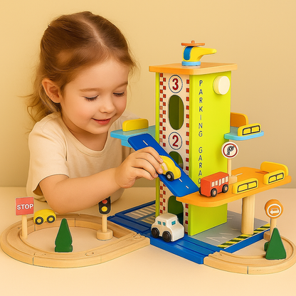 Toy Cars Wooden Parking Garage Playset Ramp Track