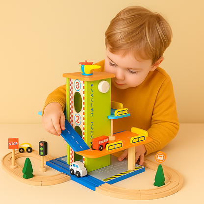 Toy Cars Wooden Parking Garage Playset Ramp Track