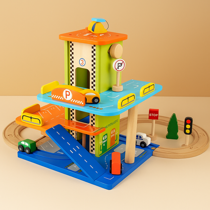 Toy Cars Wooden Parking Garage Playset Ramp Track