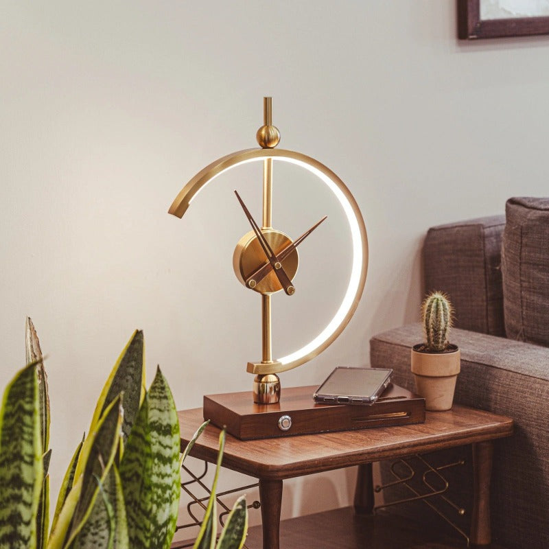 Lámpara de escritorio LED Reloj Carga inalámbrica Madera