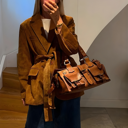 Women Suede Belted Trench Jacket Lightweight Long Coat