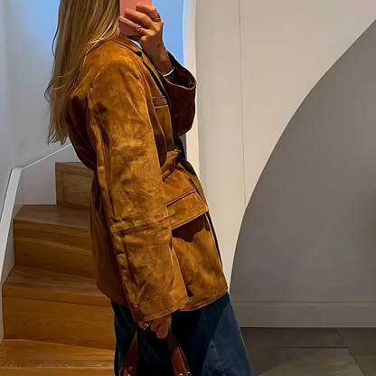Women Suede Belted Trench Jacket Lightweight Long Coat