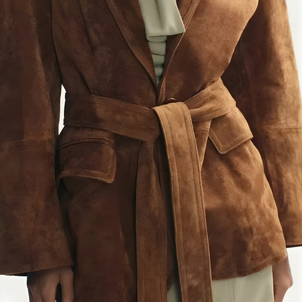 Damen Wildleder Gürtel Trenchcoat Leichter Langer Mantel