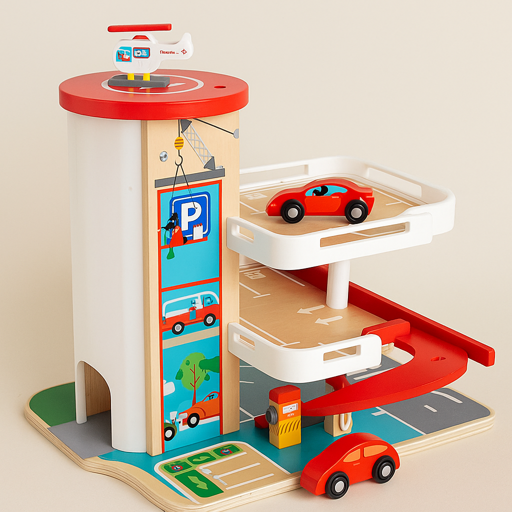 Juego de garaje de madera para coches, pista de carreras educativa