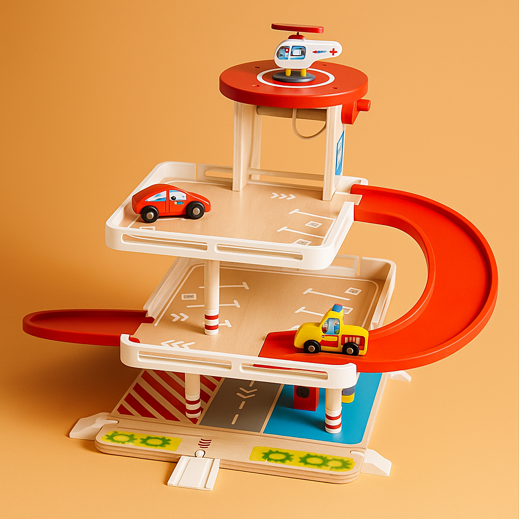 Juego de garaje de madera para coches, pista de carreras educativa