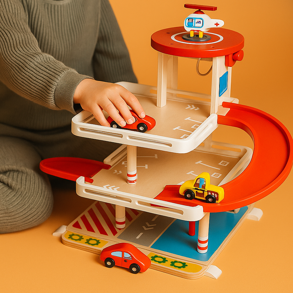 Wooden Parking Garage Toy Car Playset Educational Race Track