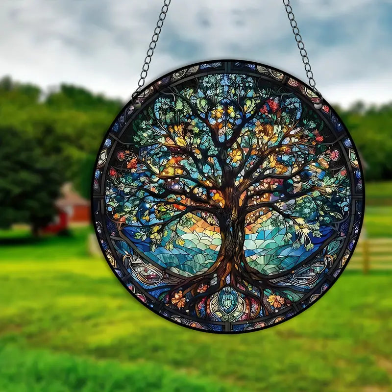 Panel colgante de arte de pared con vitrales de árbol