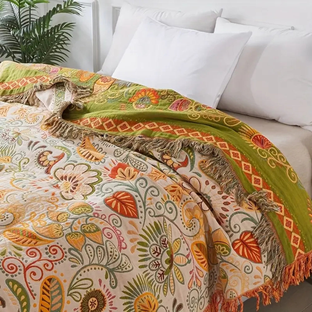 Manta de algodón con borlas floral
