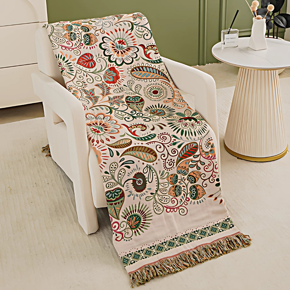 Kwiatowy bawełniany koc z frędzlami