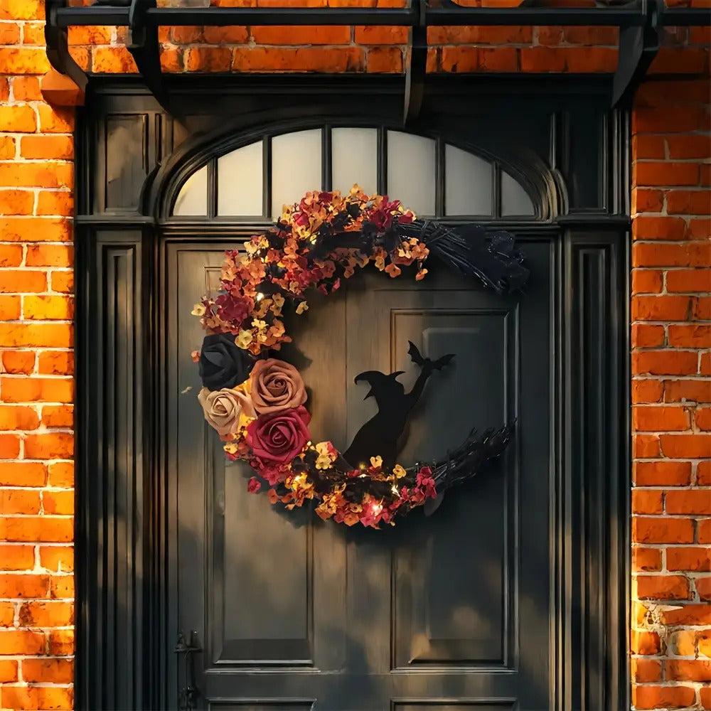Corona floral rústica de bruja de Halloween | Decoración de puerta con luna creciente
