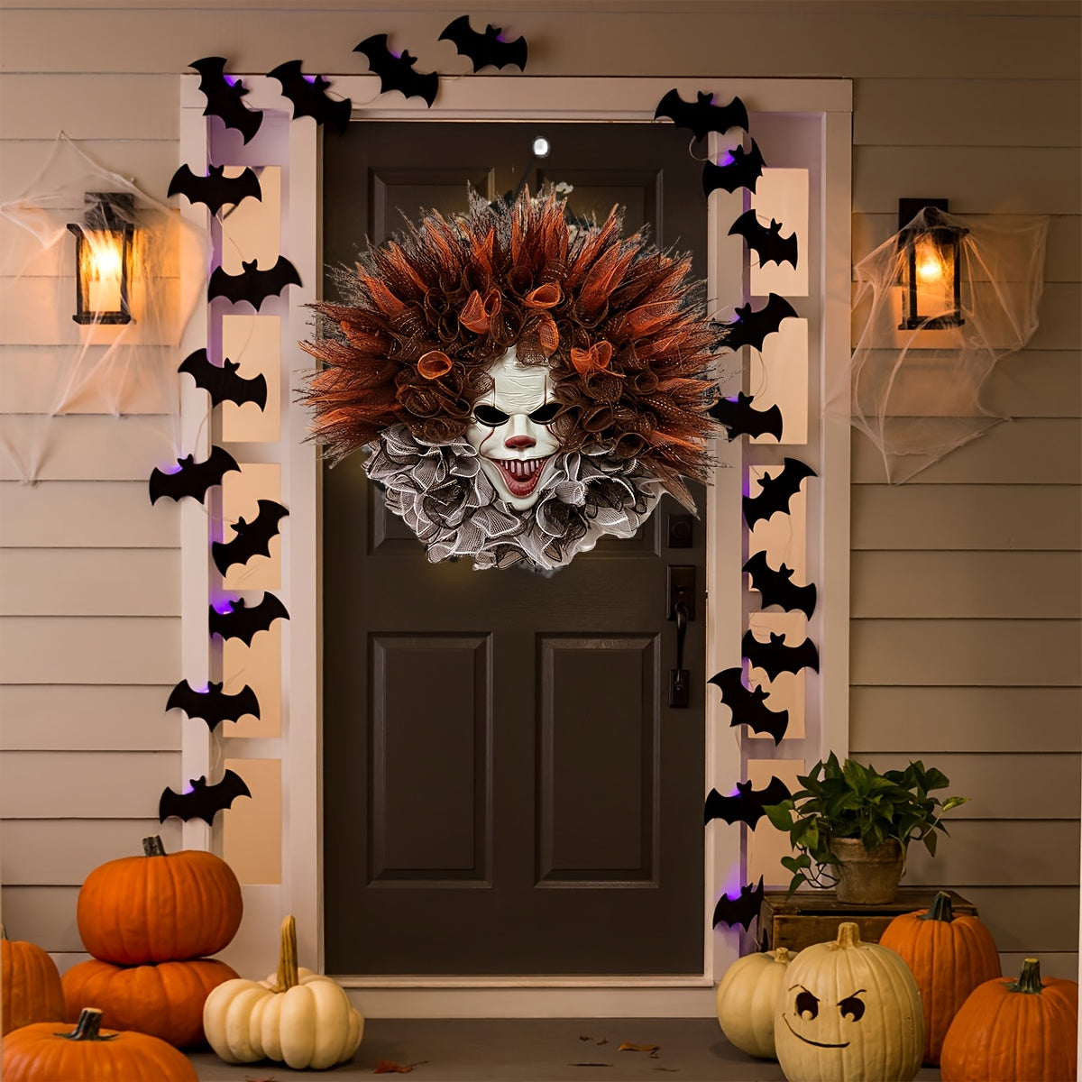 Corona de malla de payaso aterrador de Halloween | Decoración espeluznante para la puerta principal
