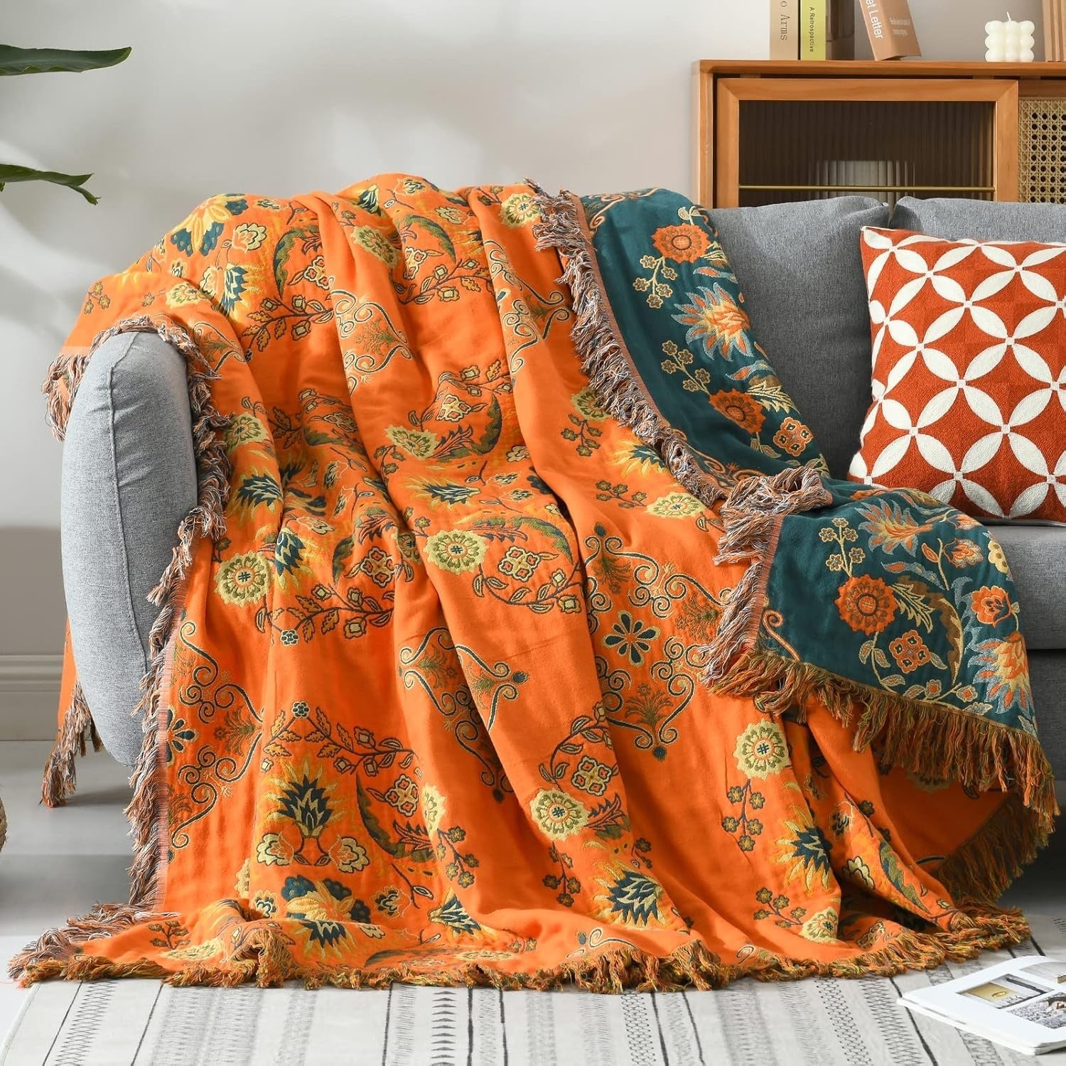Manta reversible de algodón con flores