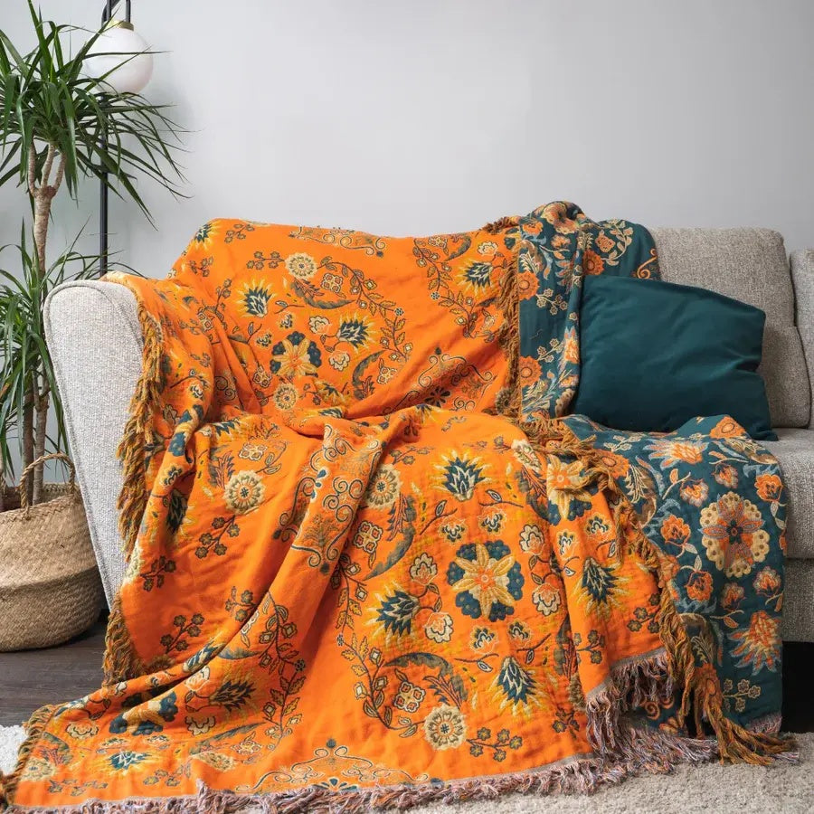 Manta reversible de algodón con flores