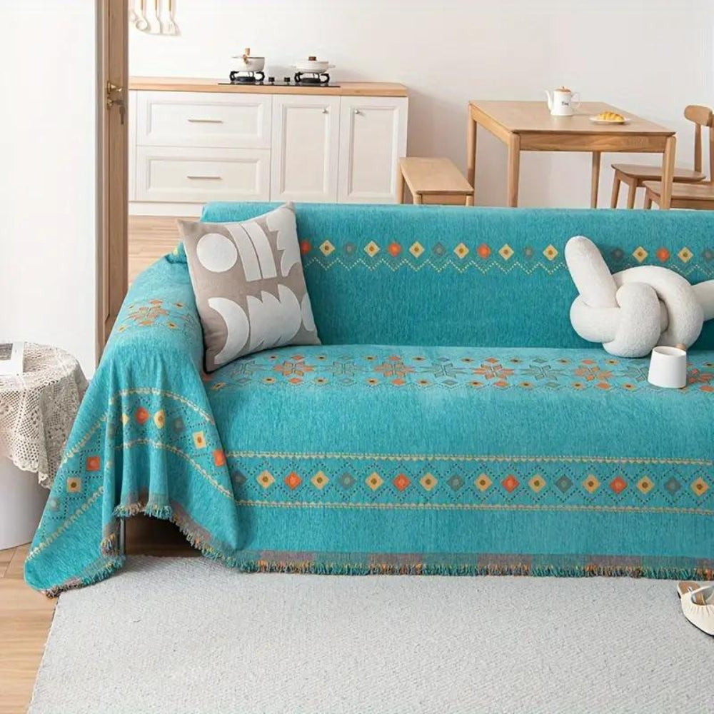 Housse de canapé bohème à pompons en mélange de coton