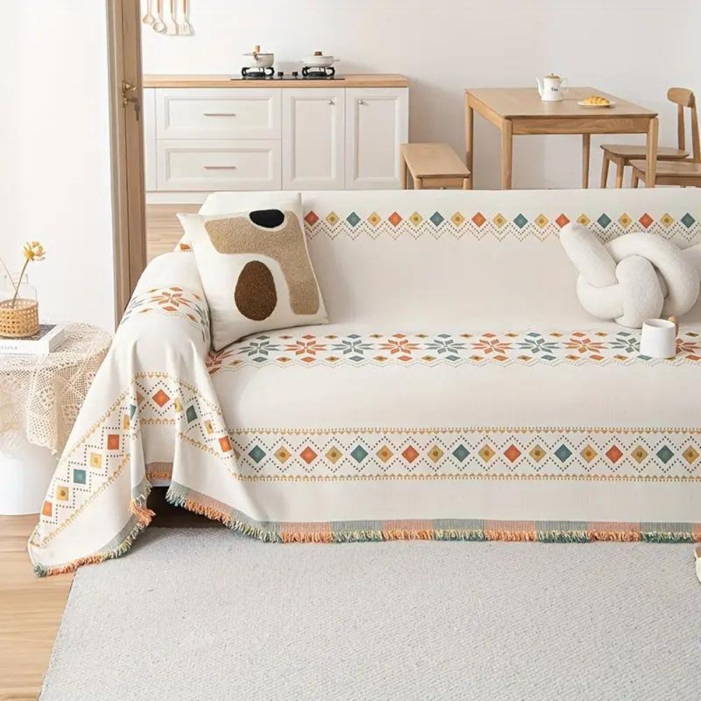 Housse de canapé bohème à pompons en mélange de coton