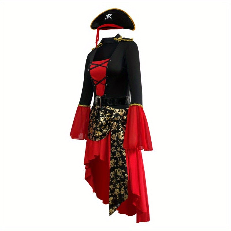Costume da donna pirata con lacci per Halloween | Abito a maniche lunghe asimmetrico