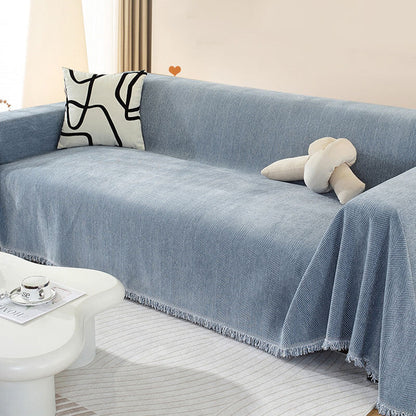 Housse de canapé en chenille motif chevrons avec franges