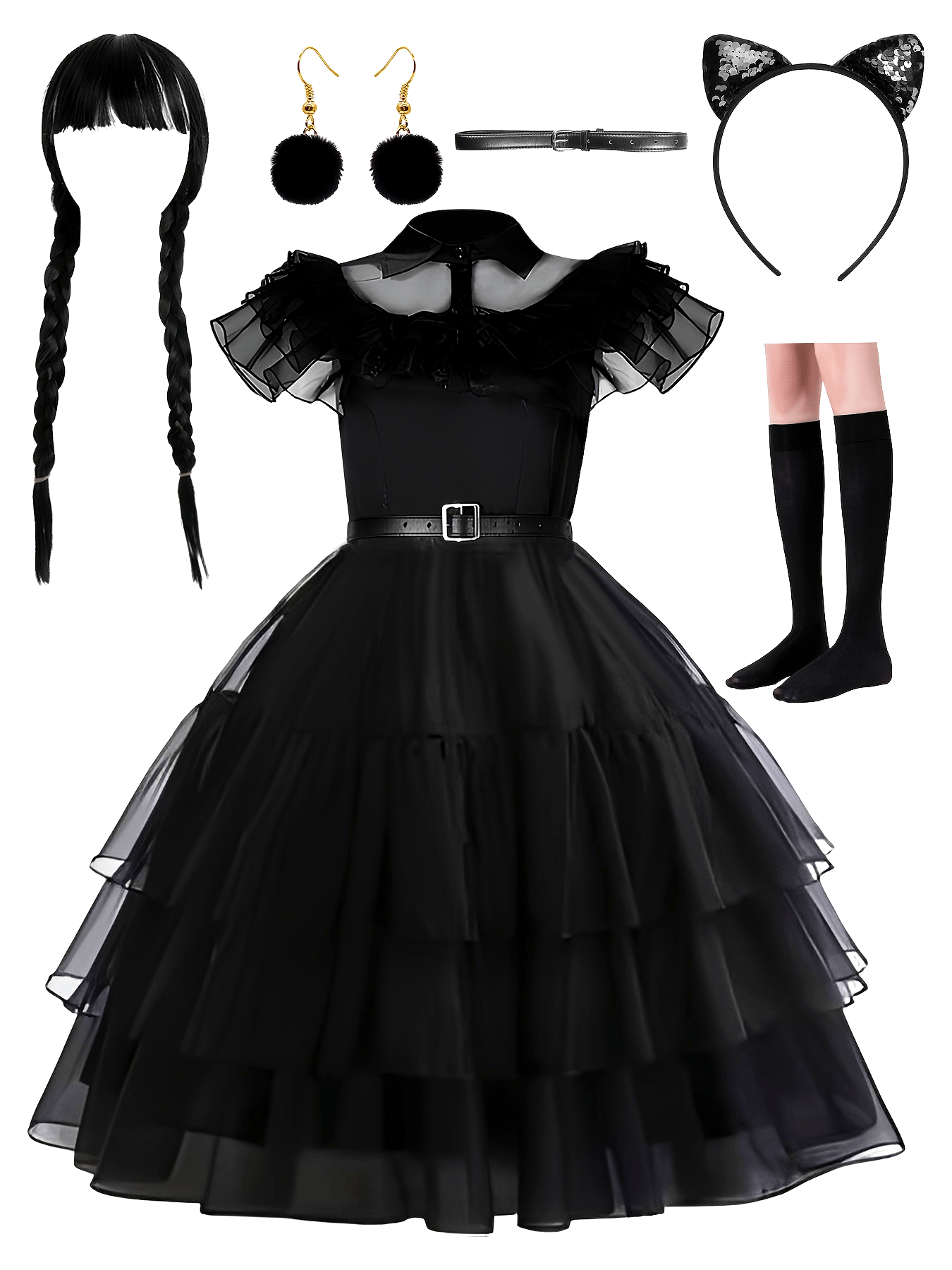 Conjunto de vestido de disfraz de Halloween gótico en capas para mujer | Midi con volantes