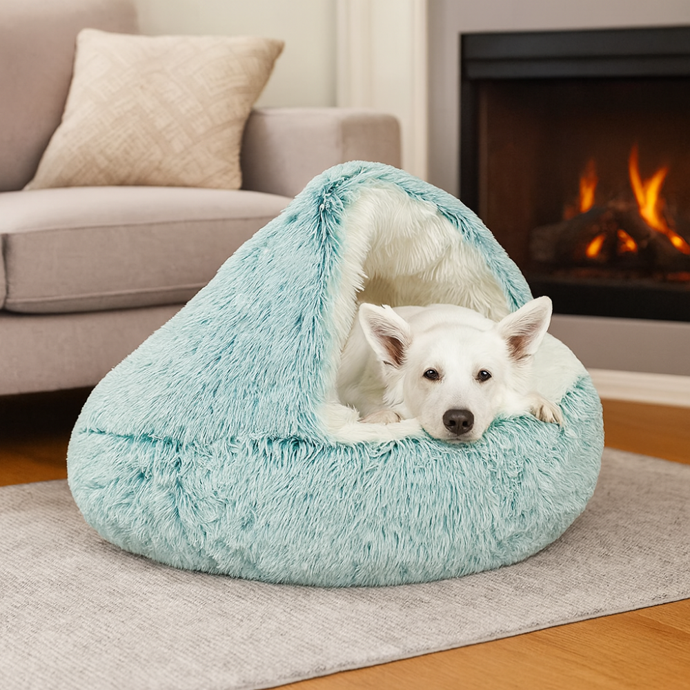 Lit pour chien doux en peluche, maison en forme de grotte