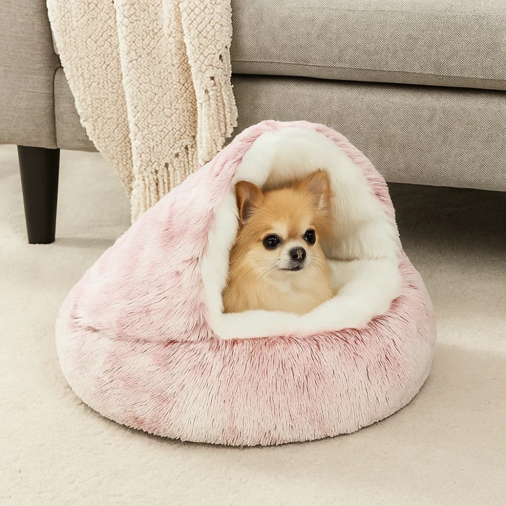 Lit pour chien doux en peluche, maison en forme de grotte