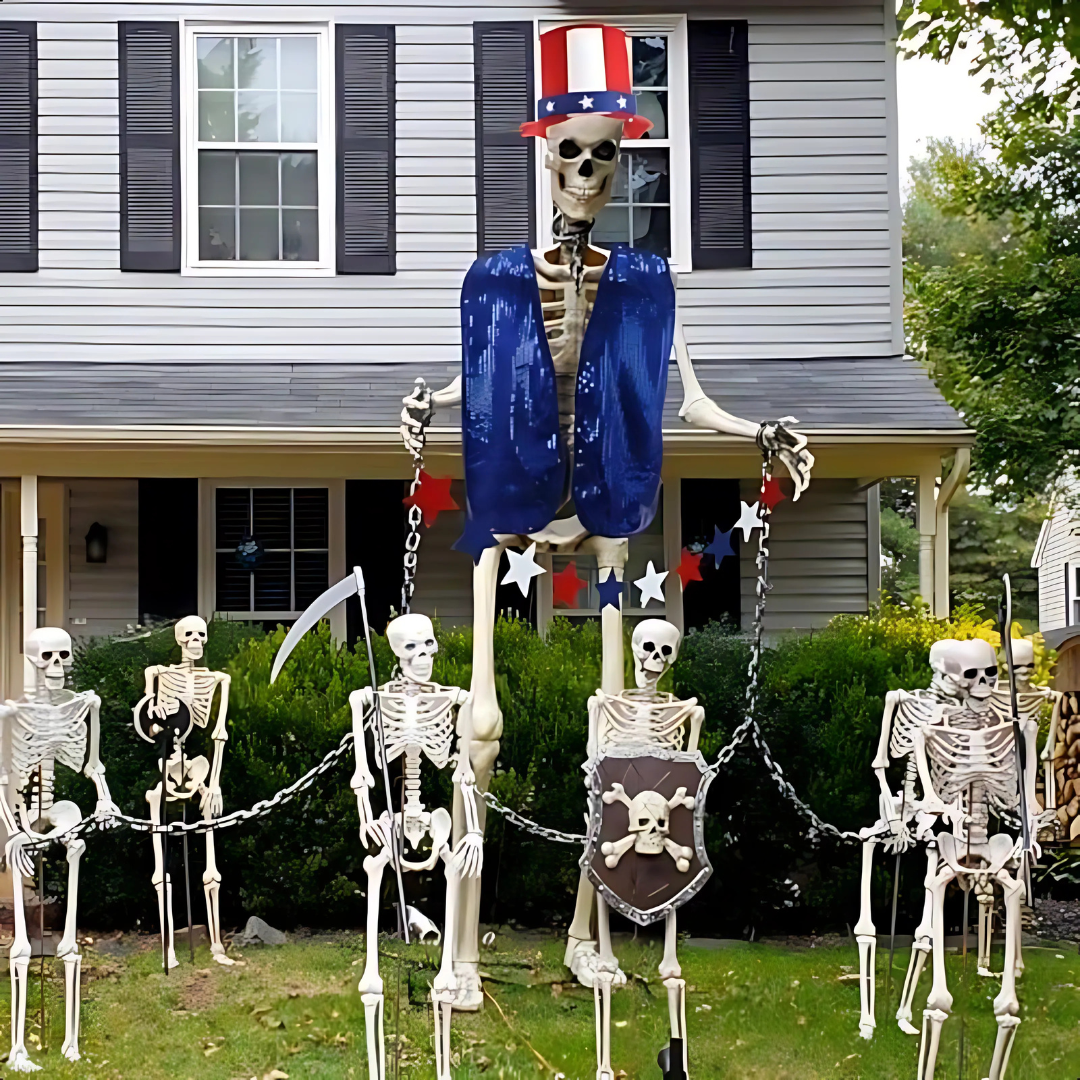 Decoración gigante de esqueleto de Halloween de 12 pies | Posable, patriótica